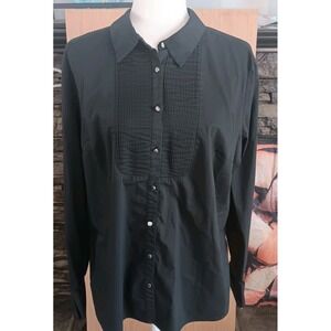 Worthington Stretch XL Womens Large Blouse Black Pintuk Front Silver Buttons‎